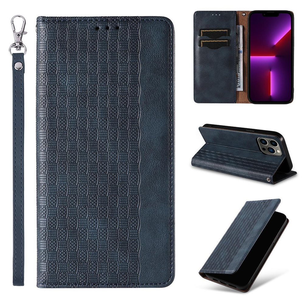 Magnet Strap Case for iPhone 14 Pro Max Flip Wallet Case with Stand, Blue
