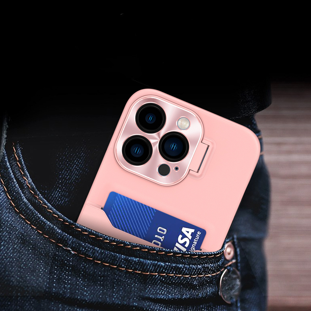 Hurtel dėklas su stovu ir kortelių dėklu, skirtas iPhone 14 Pro Max, rožinis
