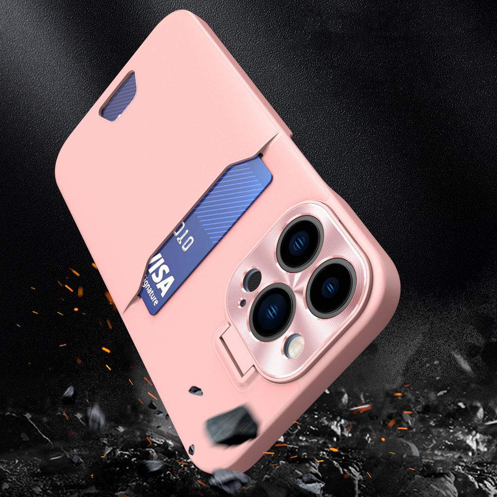 Hurtel dėklas su stovu ir kortelių dėklu, skirtas iPhone 14 Pro Max, rožinis