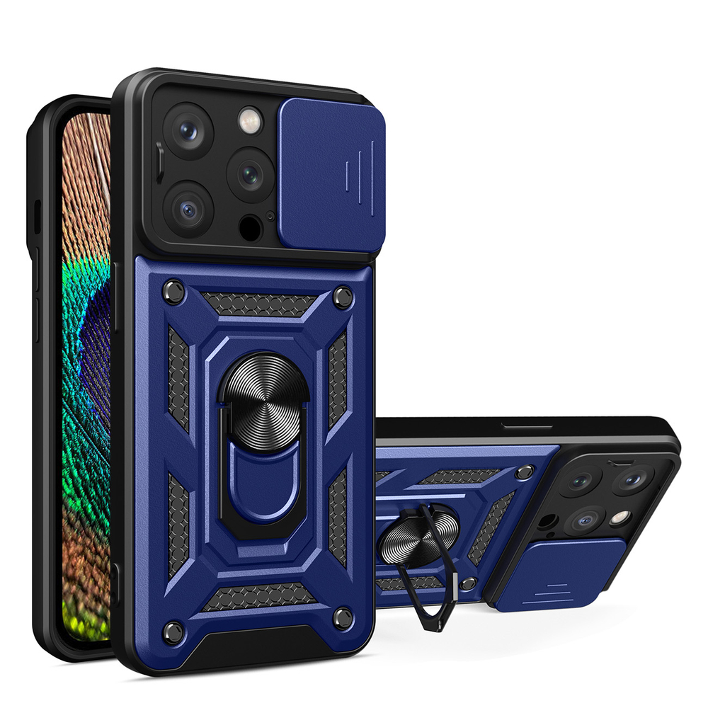 Hybrid Armor Camshield Case for iPhone 14 Pro Max with Camera Cover, Blue
