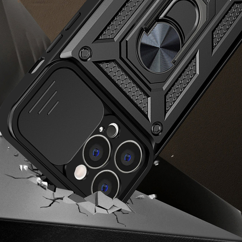 Hybrid Armor Camshield Case for iPhone 14 Pro Max with Camera Cover, Blue
