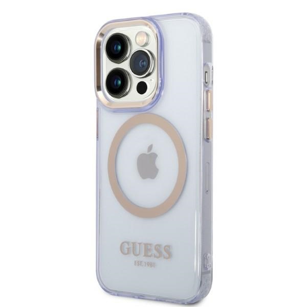 Guess Gold Outline MagSafe dėklas, skirtas iPhone 14 Pro Max, violetinis