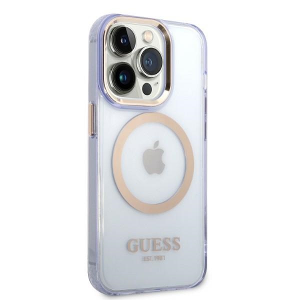 Guess Gold Outline MagSafe dėklas, skirtas iPhone 14 Pro Max, violetinis