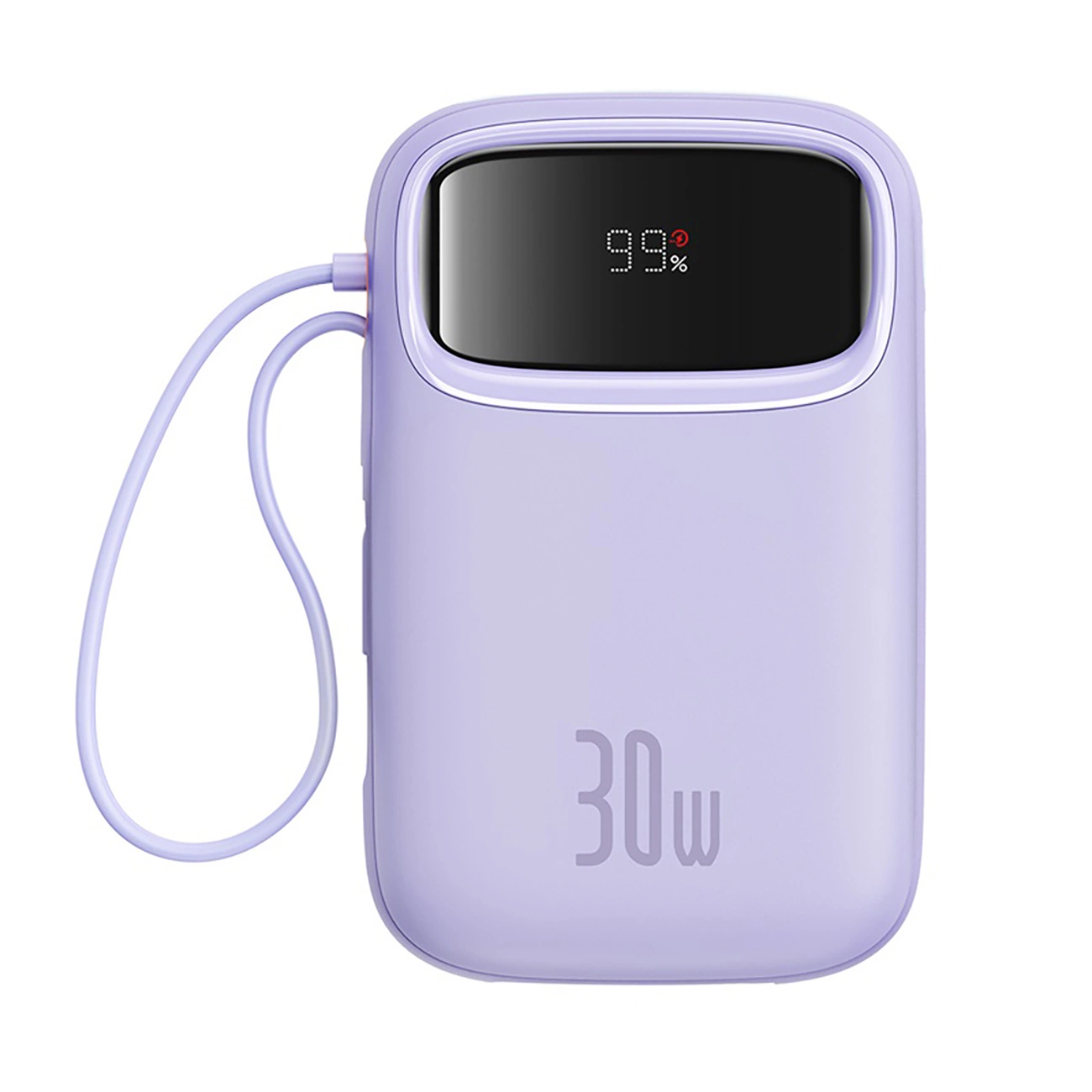 Baseus QPow 2 30W 10000mAh išorinė baterija su integruotais USB-C laidais, violetinė