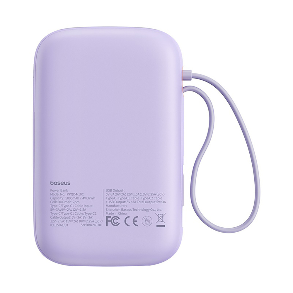 Baseus QPow 2 30W 10000mAh išorinė baterija su integruotais USB-C laidais, violetinė