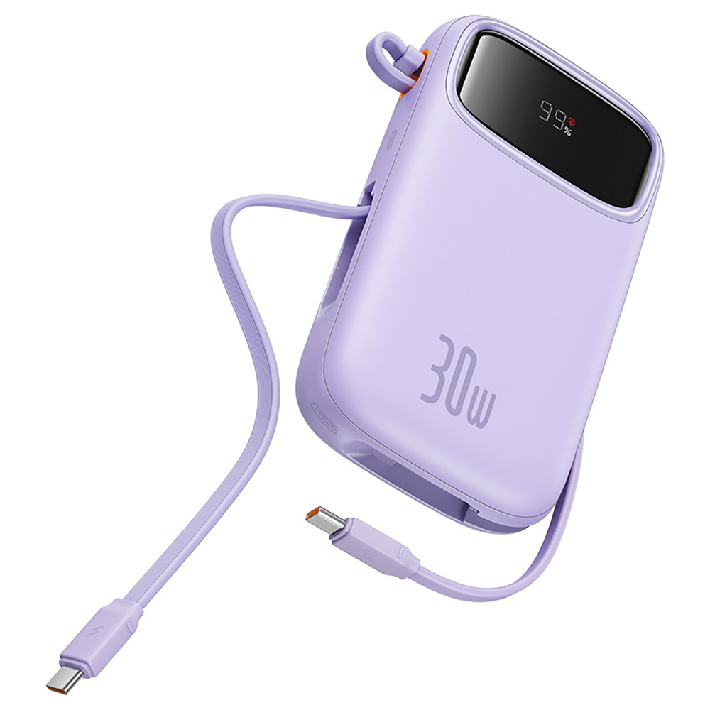 Baseus QPow 2 30W 10000mAh išorinė baterija su integruotais USB-C laidais, violetinė