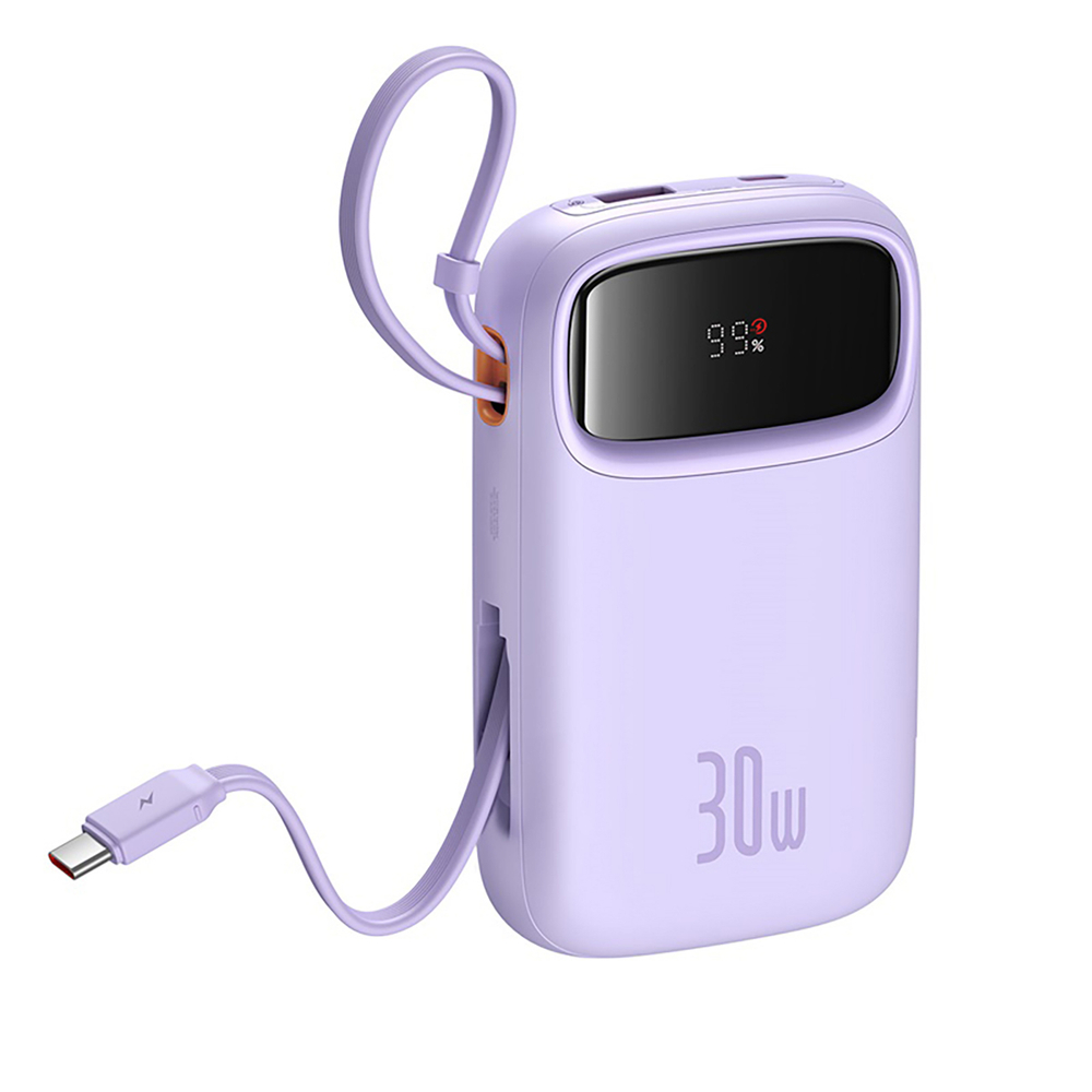 Baseus QPow 2 30W 10000mAh išorinė baterija su integruotais USB-C laidais, violetinė