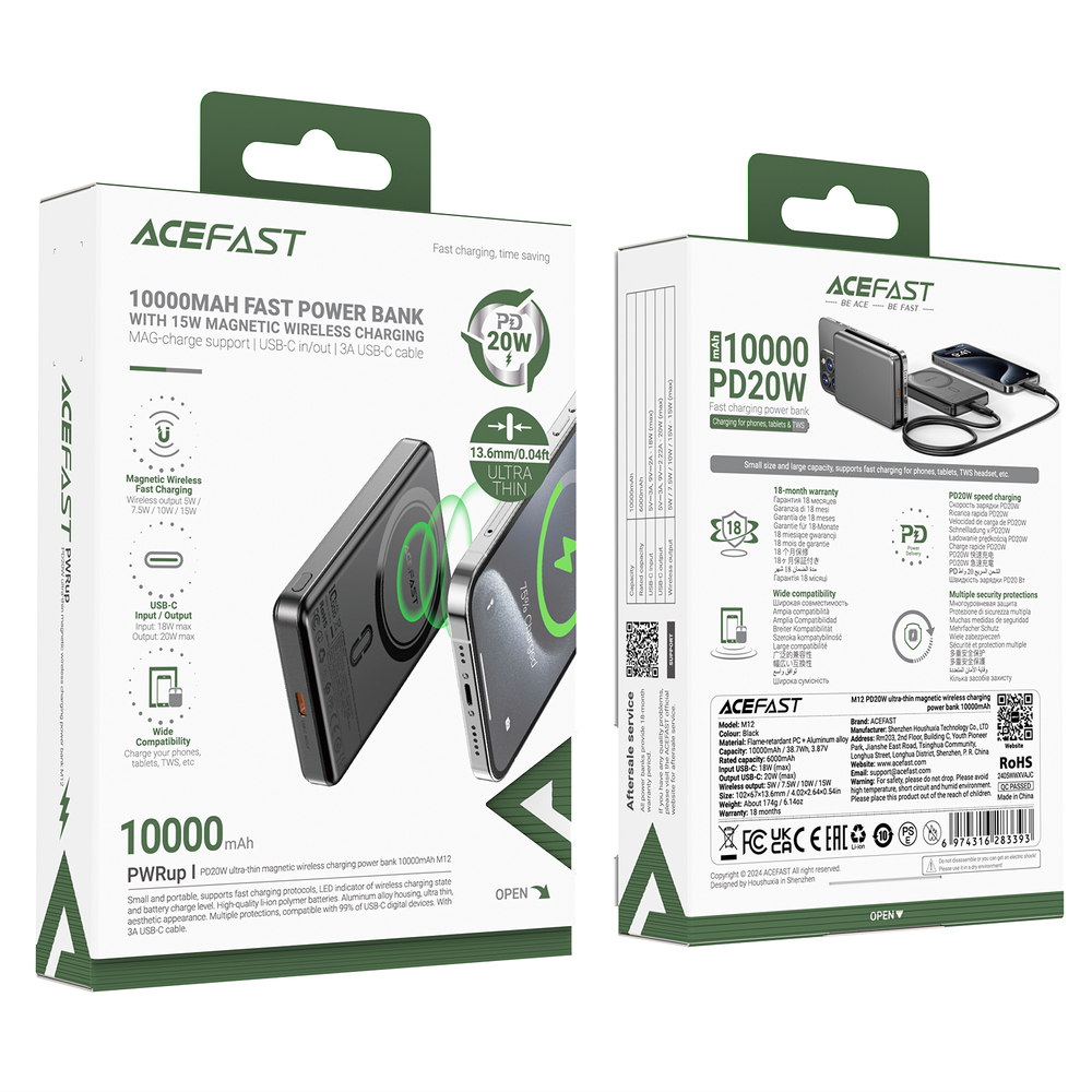 Powerbank Acefast M12-10000 PD20W ultra-slim, MagSafe compatible - black