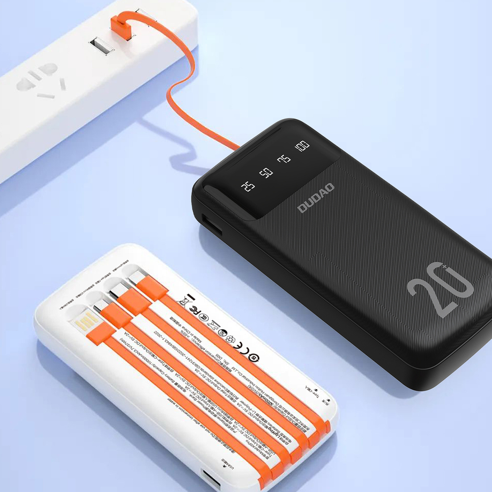 Dudao K6Pro+ 20000mAh išorinė baterija su 4 integruotais laidais, balta