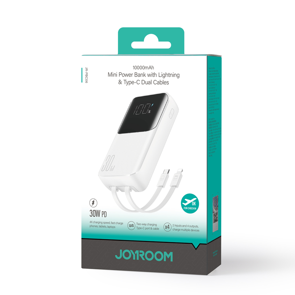 Joyroom JR-PBC06 Mini Power Bank 10000mAh 30W with Built-in Cables, White