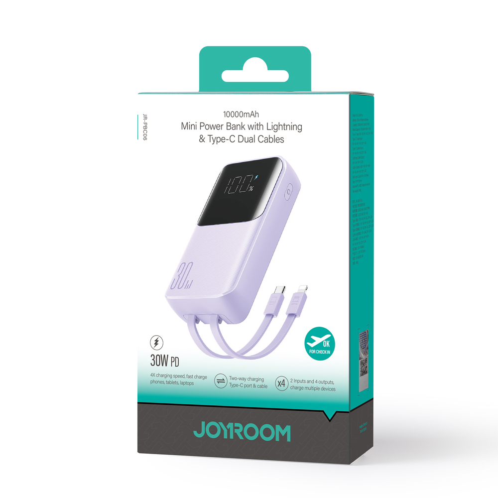 Joyroom JR-PBC06 išorinė baterija 10000mAh 30W su USB-C ir Lightning laidais, violetinė