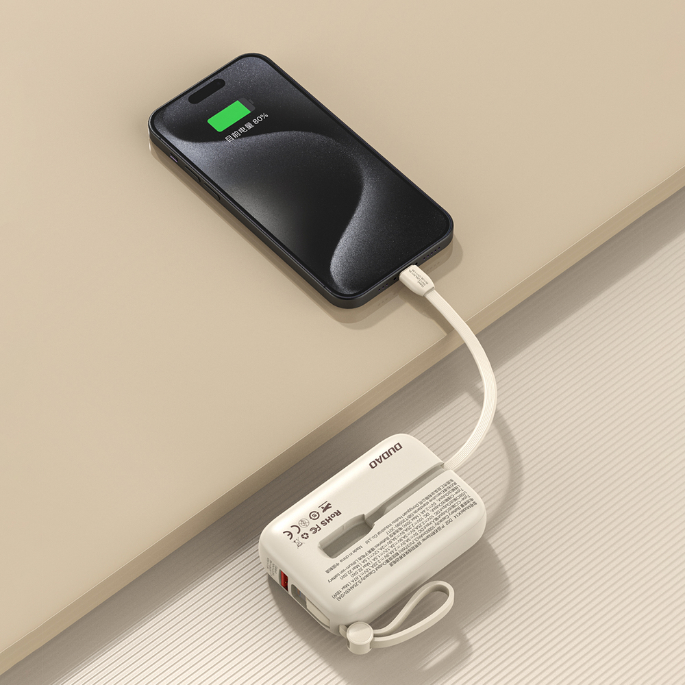Dudao K14 10000mAh Power Bank with Built-in USB-C & Lightning Cables, Beige
