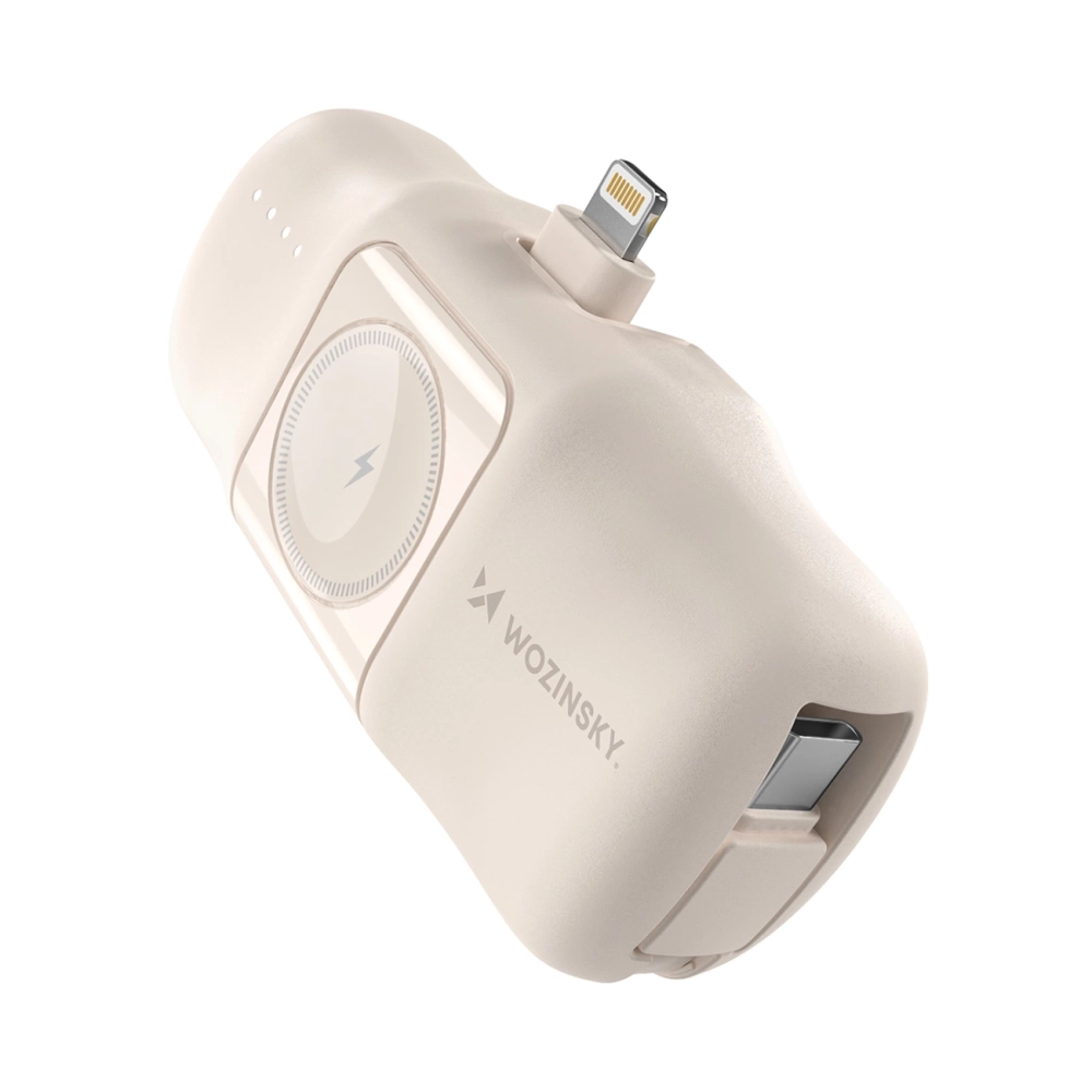Wozinsky WF16-YLS 5000mAh 15W Lightning Mini Power Bank with Built-in USB-C Cable and Apple Watch Charger - Beige