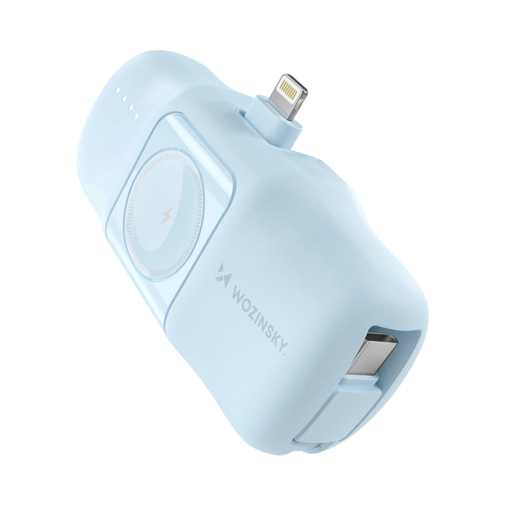 Wozinsky WF16-YLS 5000mAh 15W Lightning Mini Power Bank with Built-in USB-C Cable and Apple Watch Charger - Blue