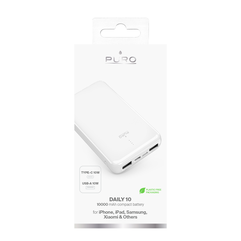 Puro Elektrik White 10000mAh Išorinė Baterija 12W 2xUSB-A + USB-C, Balta