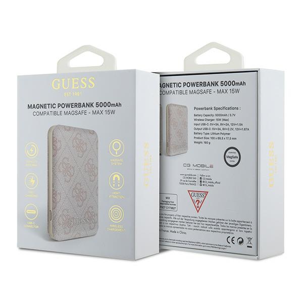Išorinė baterija Guess 5000mAh 4G Leather Metal Logo MagSafe, rožinė