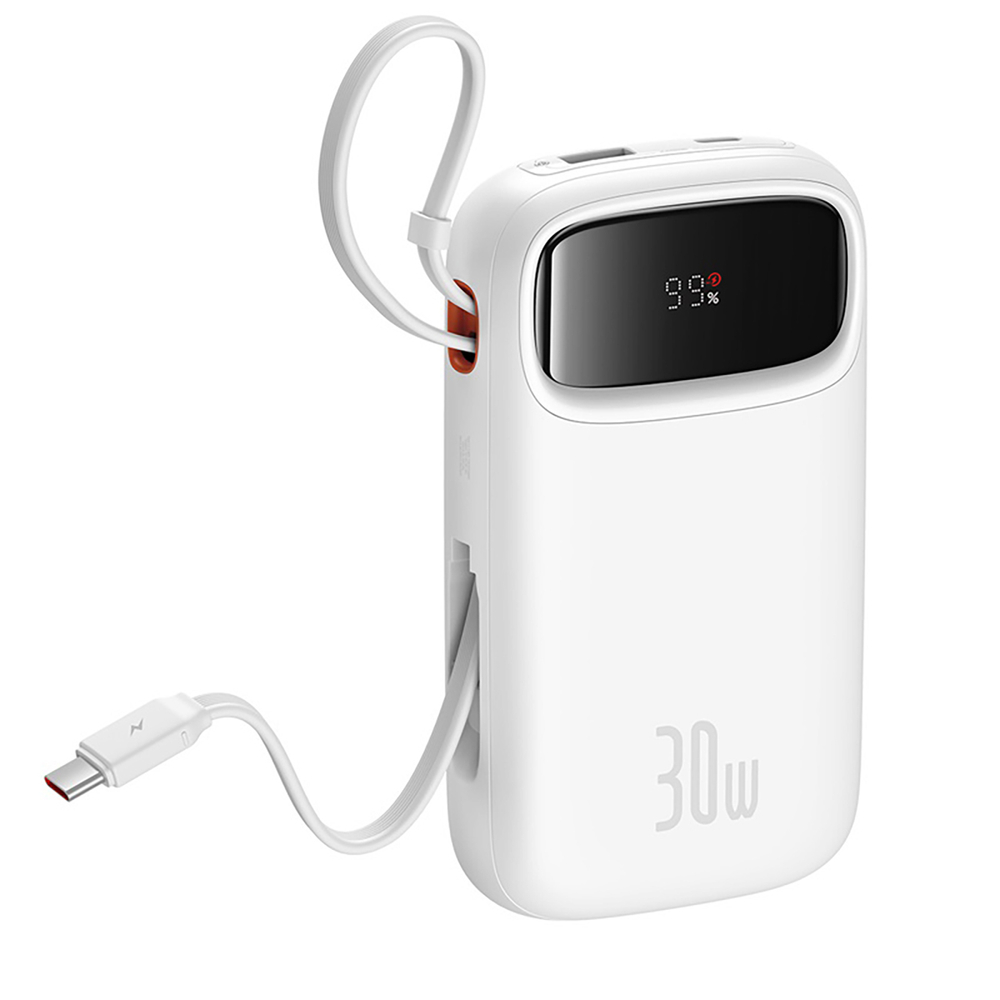 Baseus QPow 2 20000mAh 30W Power Bank with 2 Built-in USB-C Cables - White