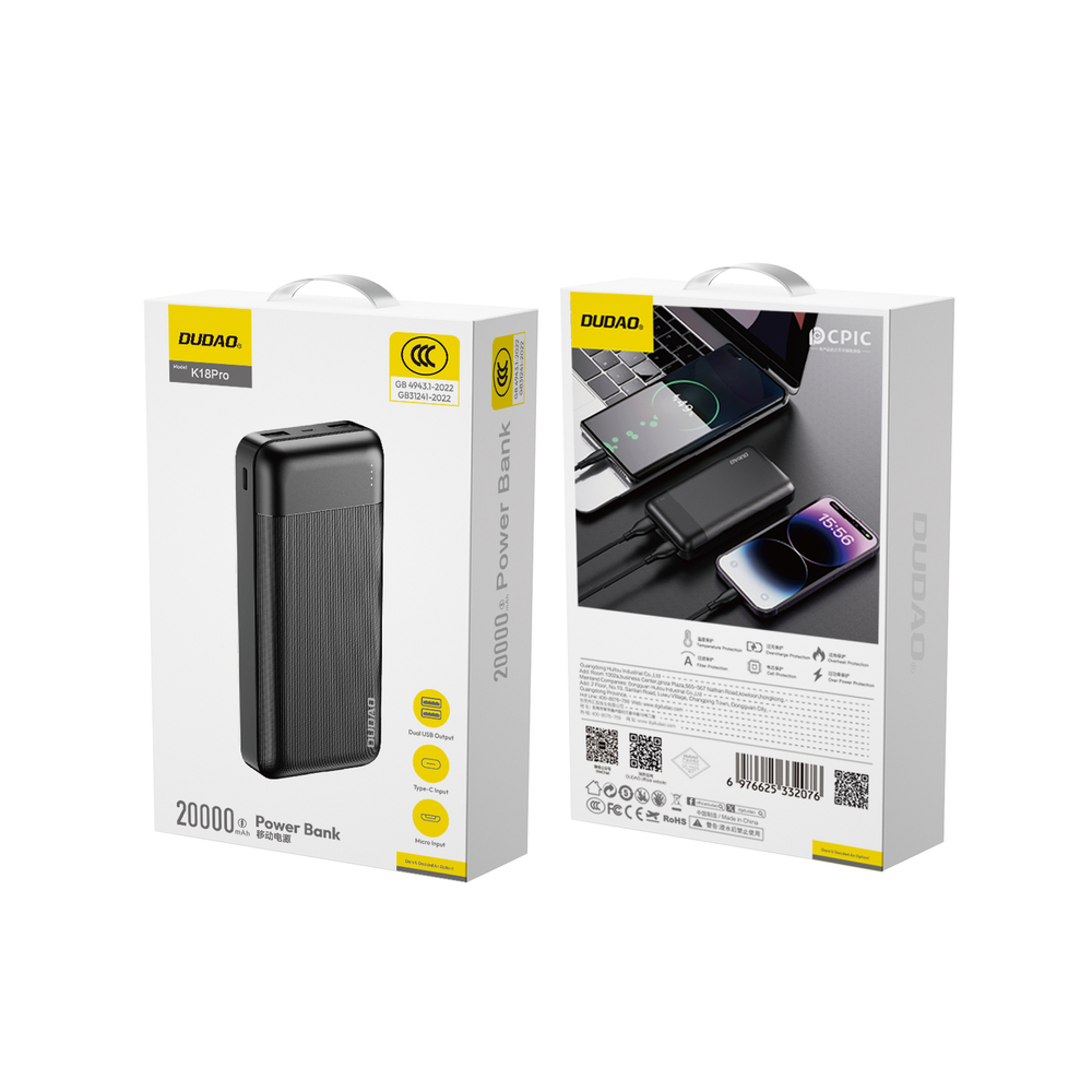 Powerbank Dudao K18 Pro 20000mAh USB-A / USB-C / Micro USB - black