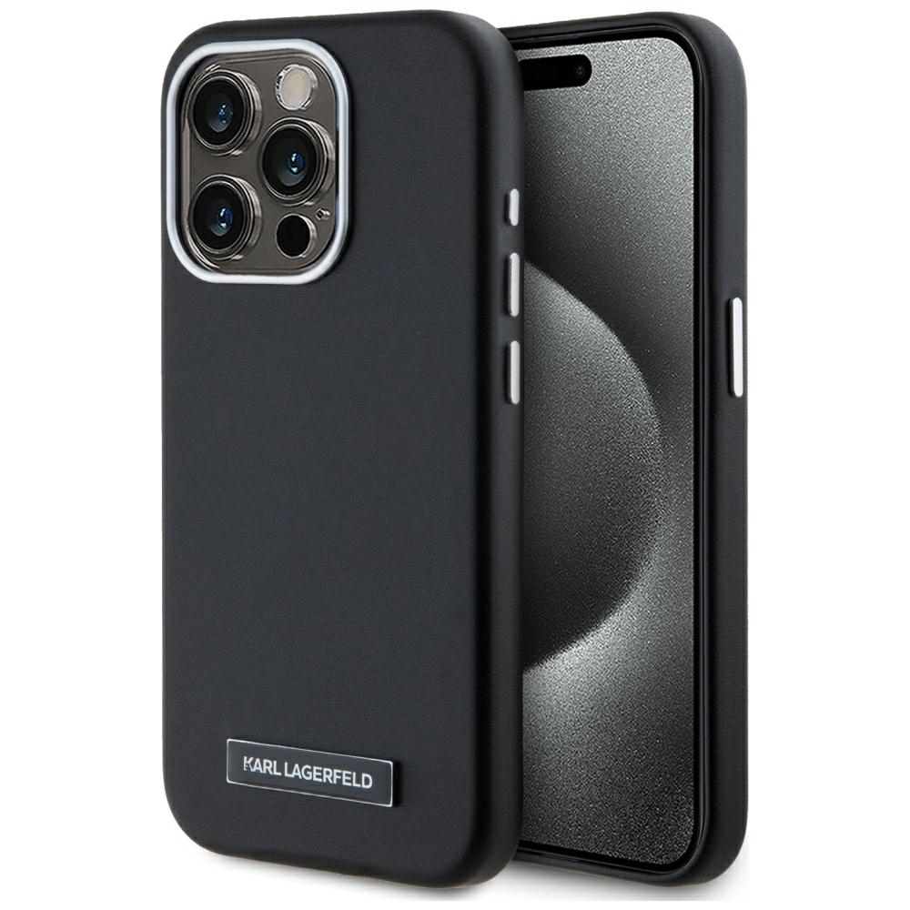 Karl Lagerfeld dėklas iPhone 15 Pro Max telefonui FW Metal Plate MagSafe, juodas