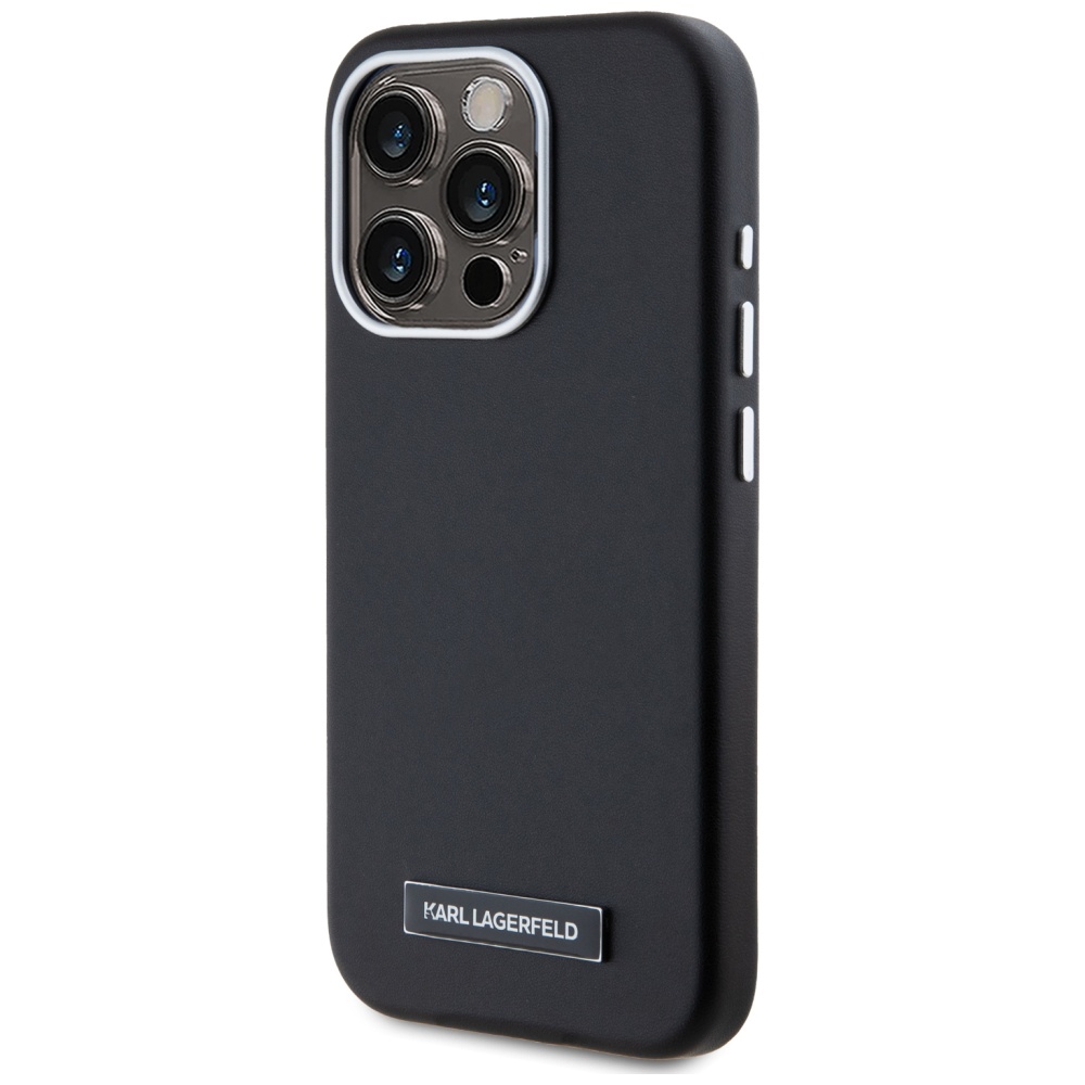 Karl Lagerfeld dėklas iPhone 15 Pro Max telefonui FW Metal Plate MagSafe, juodas