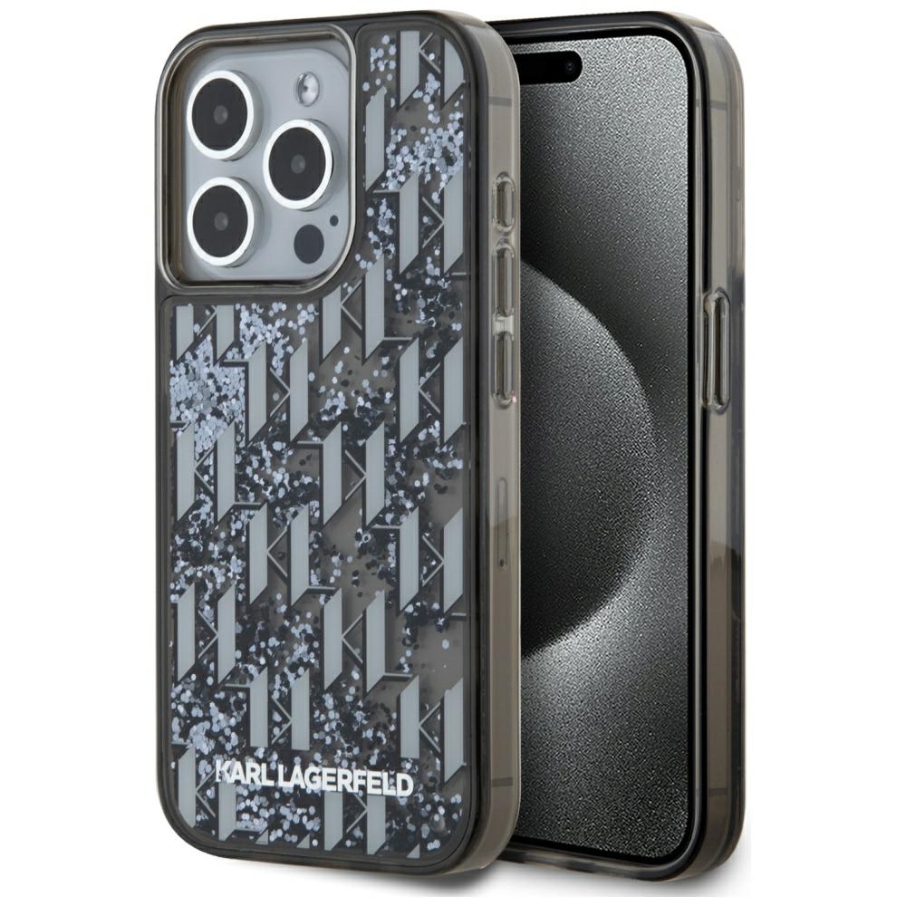 Karl Lagerfeld dėklas iPhone 15 Pro Max telefonui Liquide Glitter Monogram, juodas