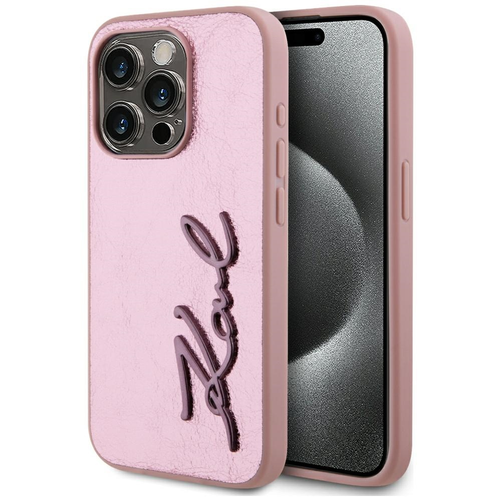Karl Lagerfeld dėklas iPhone 15 Pro Max telefonui Wrinkled Metal Signature, rožinis
