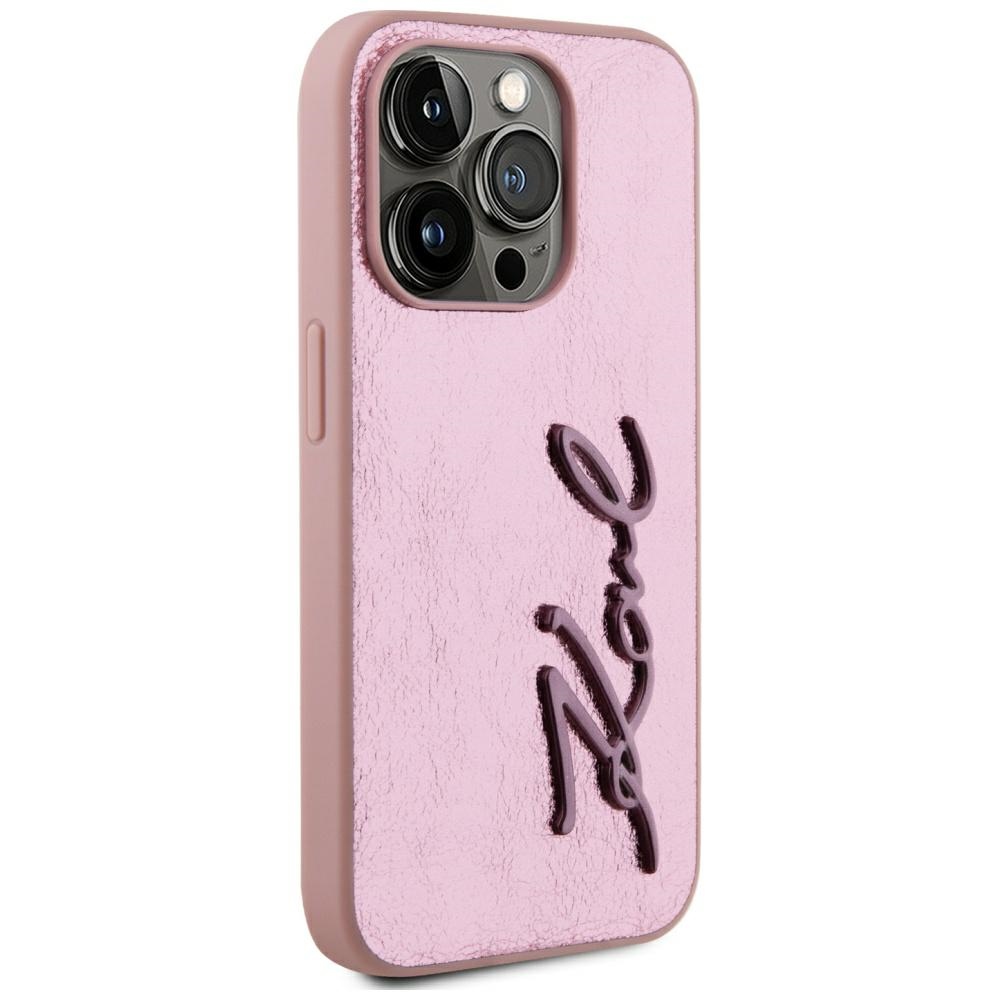 Karl Lagerfeld dėklas iPhone 15 Pro Max telefonui Wrinkled Metal Signature, rožinis