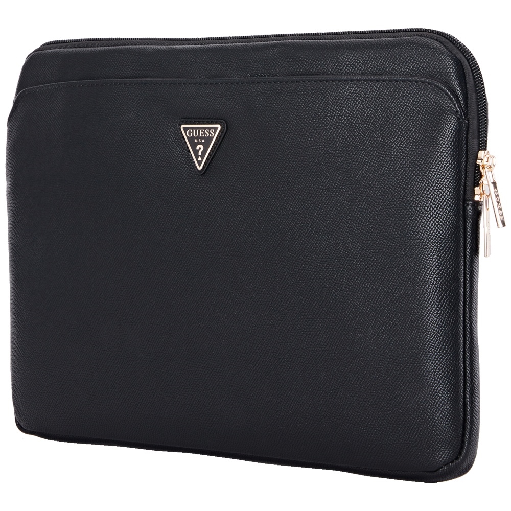 Guess Grained Zipper Pocket Triangle Logo 14\" nešiojamojo kompiuterio dėklas, juodas