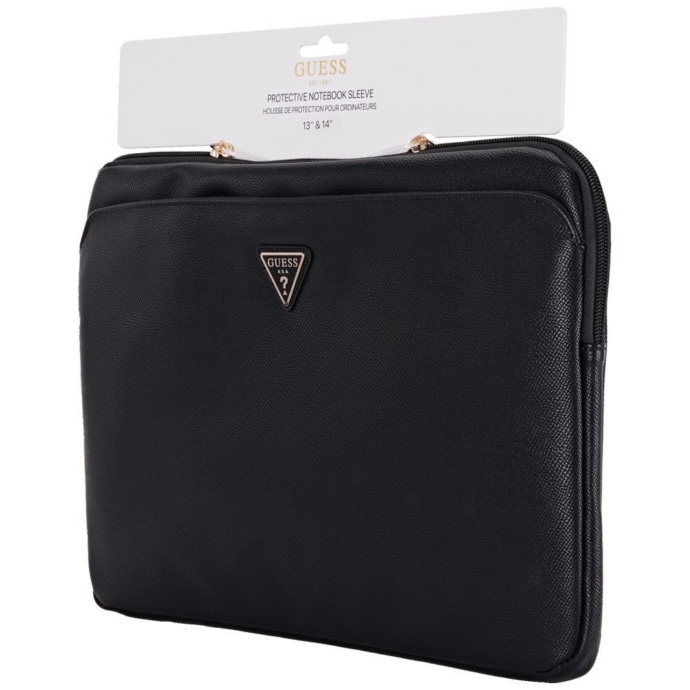 Guess Grained Zipper Pocket Triangle Logo 14\" nešiojamojo kompiuterio dėklas, juodas