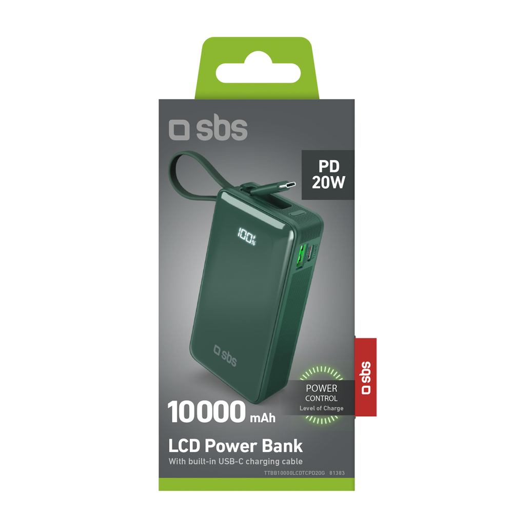 SBS 10000 mAh 20W išorinė baterija su integruotu USB-C laidu, žalia