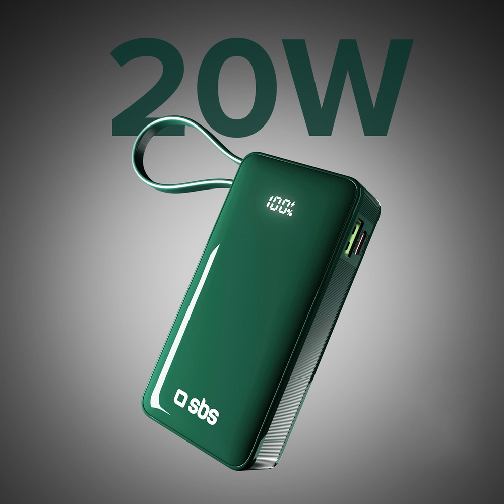 SBS 10000 mAh 20W išorinė baterija su integruotu USB-C laidu, žalia