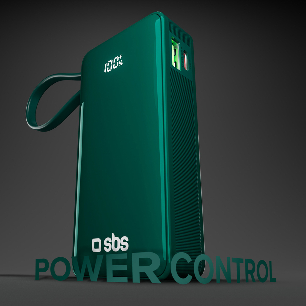 SBS 10000 mAh 20W išorinė baterija su integruotu USB-C laidu, žalia