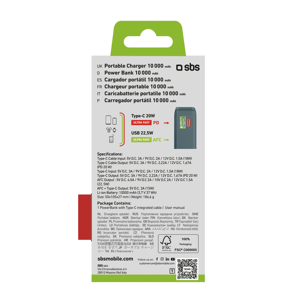 Sbs 10000 mAh 20W Power Bank with Built-in USB-C Cable, Gray
