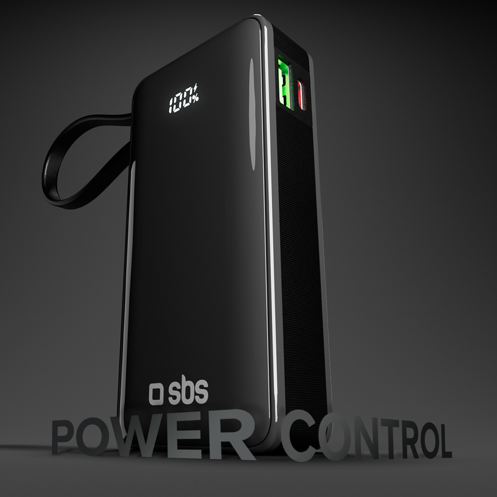 Sbs 10000 mAh 20W Power Bank with Built-in USB-C Cable, Black
