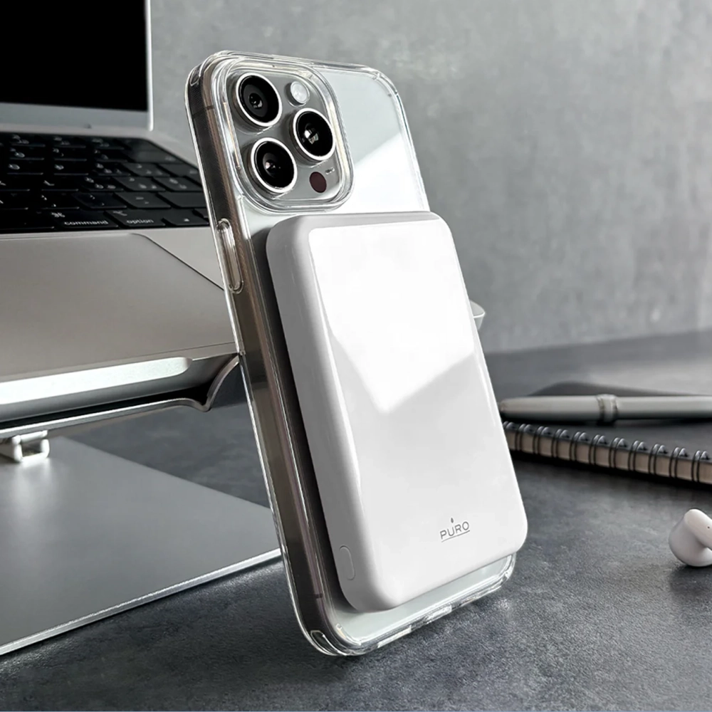 Išorinė baterija Puro Mag Plus 5000mAh 20W Qi2, suderinama su MagSafe, balta