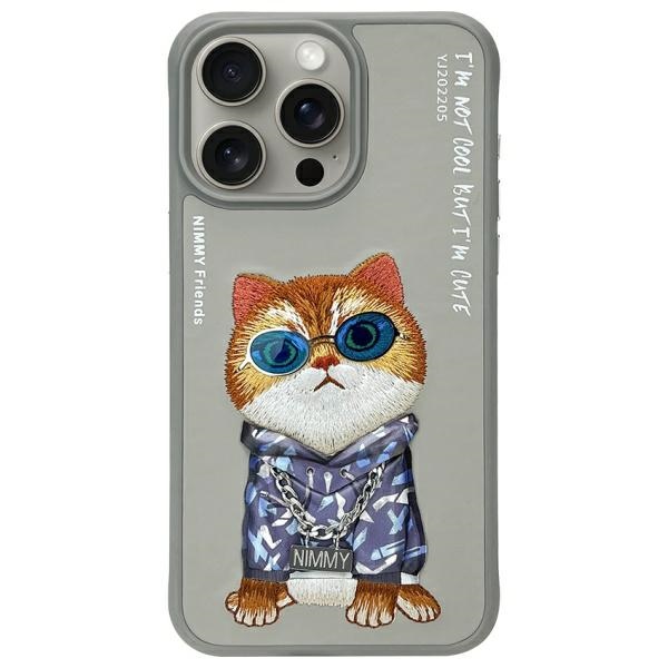 Nimmy Glasses Cool Cat dėklas, skirtas iPhone 15 Pro Max, pilkas