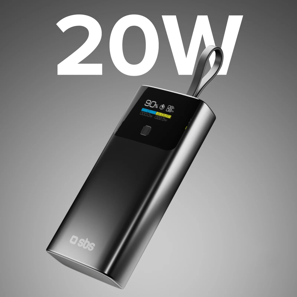 SBS 10000mAh PD 20W Powerbank with LCD Display and Built-in USB-C Cable, Gray