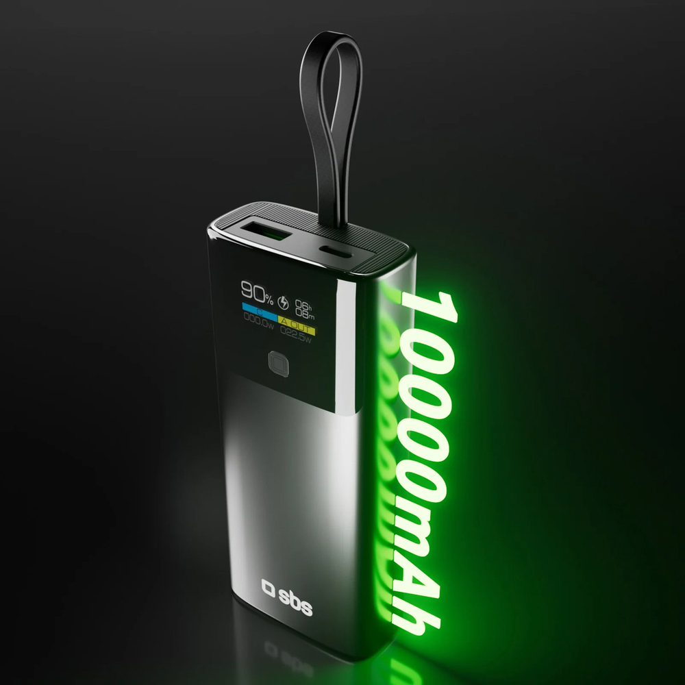 SBS 10000mAh PD 20W Powerbank with LCD Display and Built-in USB-C Cable, Gray