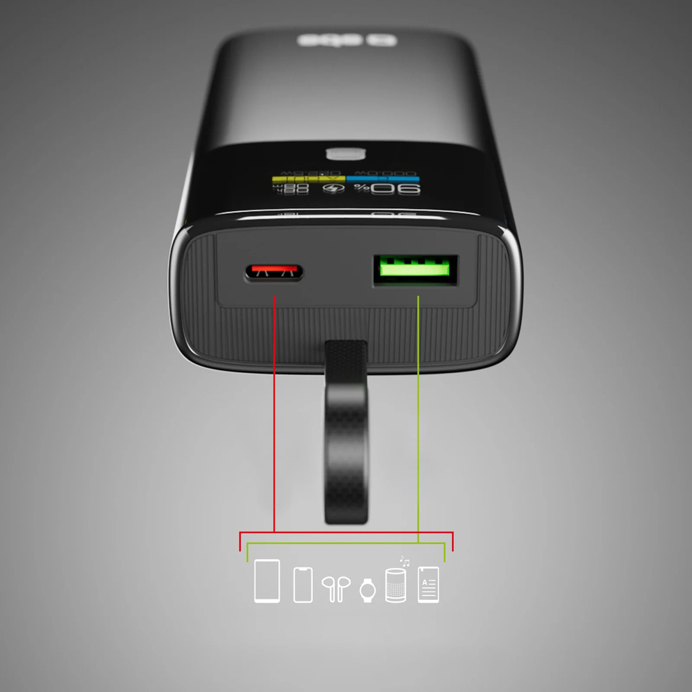 SBS 10000mAh PD 20W Powerbank with LCD Display and Built-in USB-C Cable, Gray