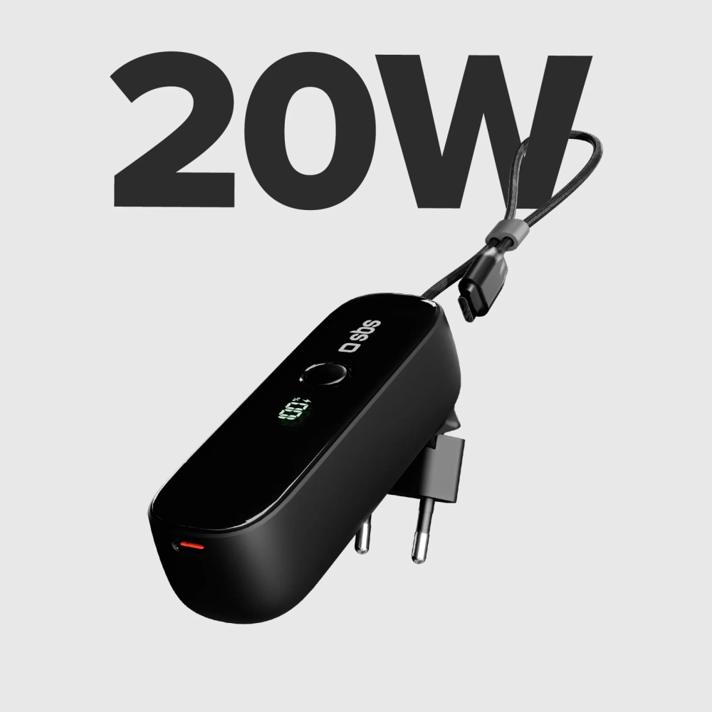 Išorinė baterija SBS Hybrid 5000mAh PD 20W su integruotu laidu, juoda