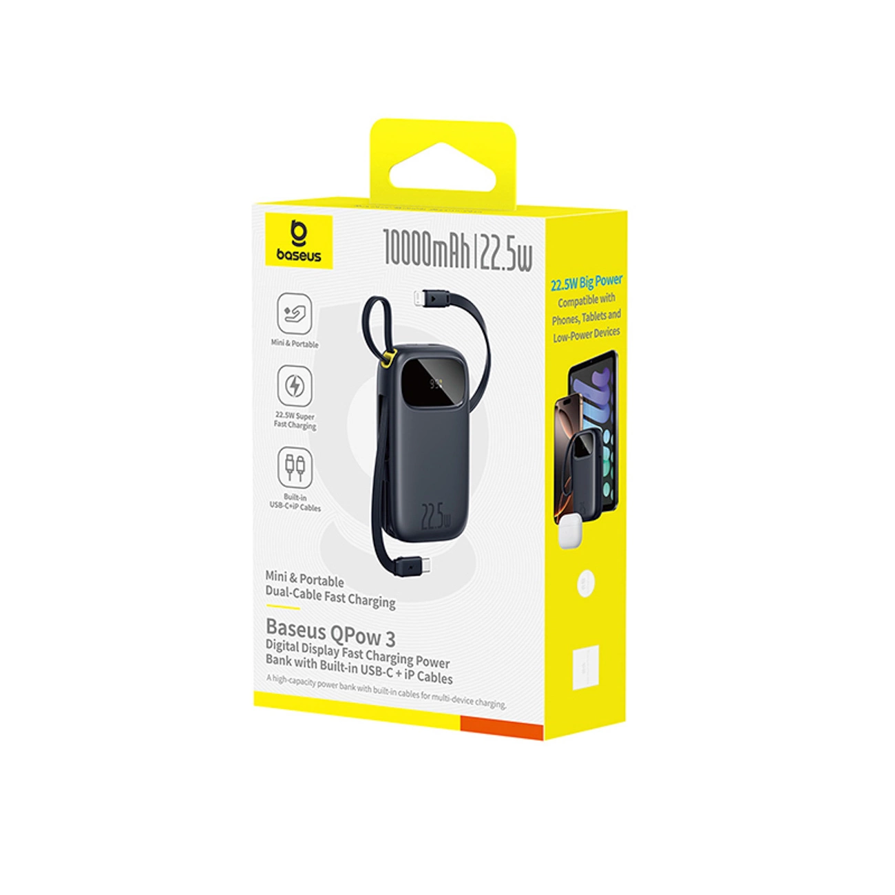 Baseus EnerFill FC31 10000mAh 22.5W Powerbank with Digital Display and 2 Built-in Cables (USB-C + Lightning) - Black