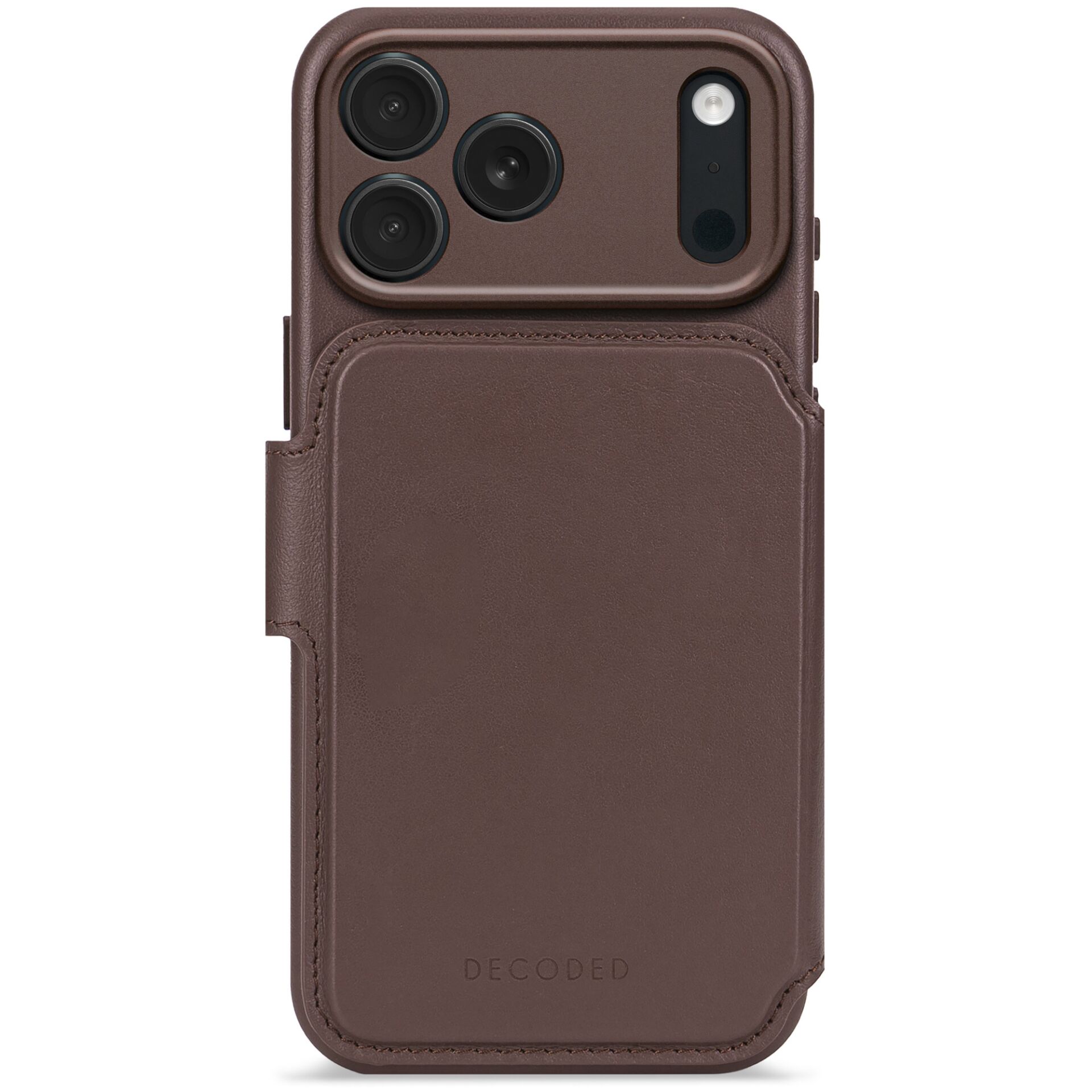 Decoded odinis atverčiamas dėklas iPhone 17 Pro telefonui, rudas