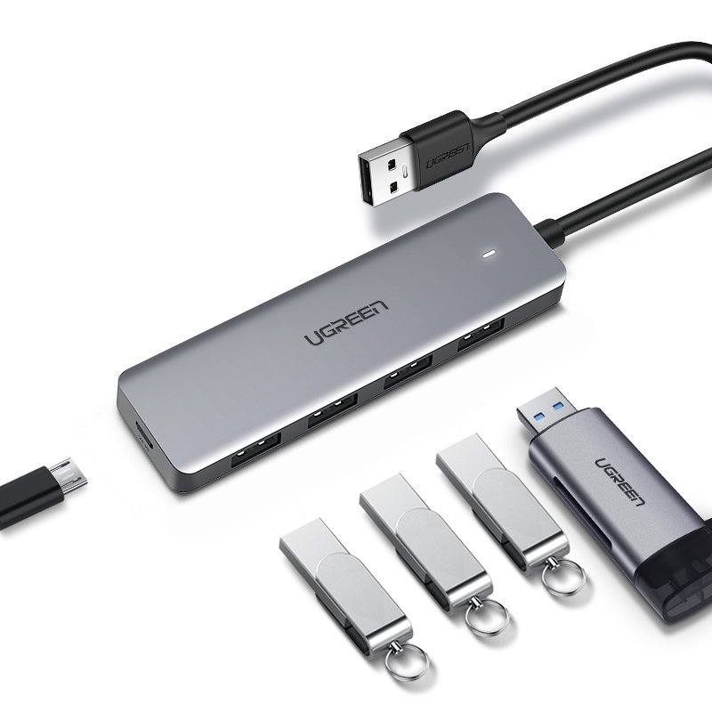 Ugreen USB šotuotuvas - 4x USB 3.2 Gen 1 su Micro USB maitinimu, pilkas (CM219)