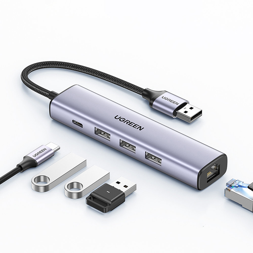 Ugreen CM475 USB 3.0 šakotuvas su RJ-45 ir USB-C PD, pilkas