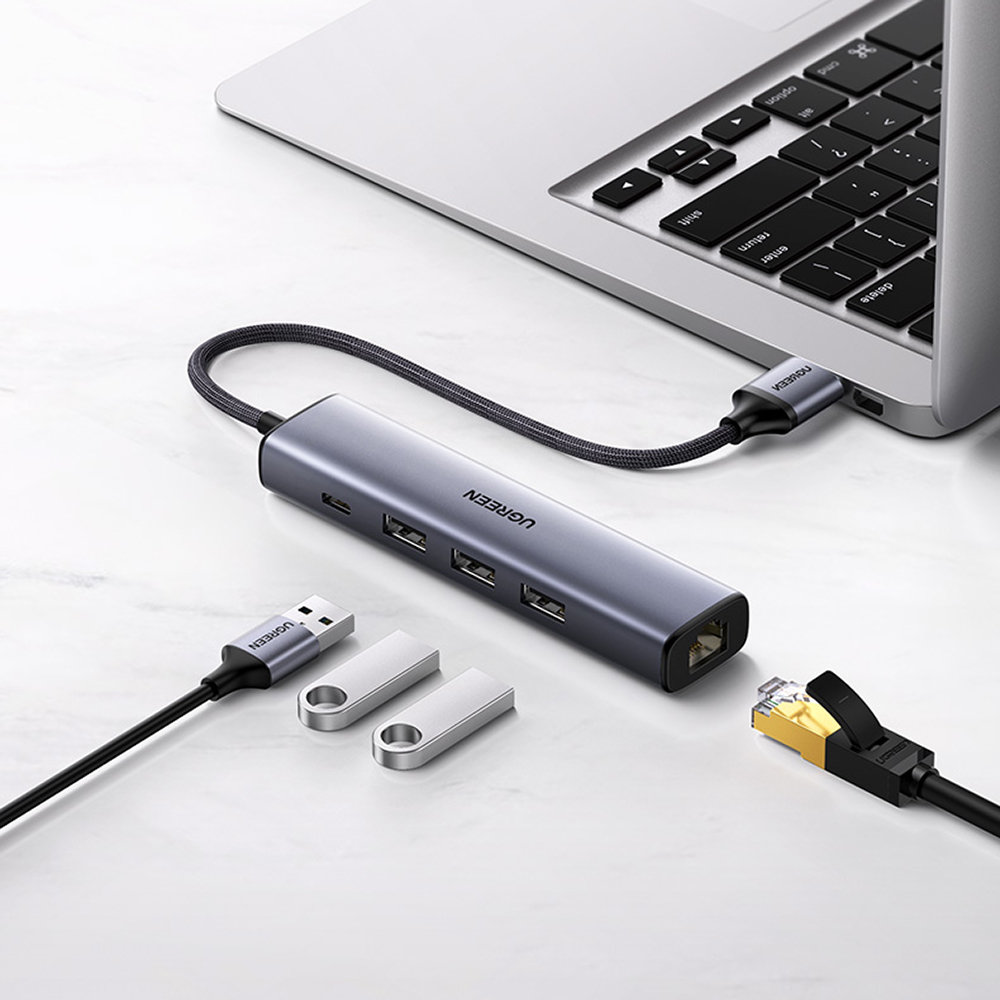 Ugreen CM475 USB 3.0 šakotuvas su RJ-45 ir USB-C PD, pilkas