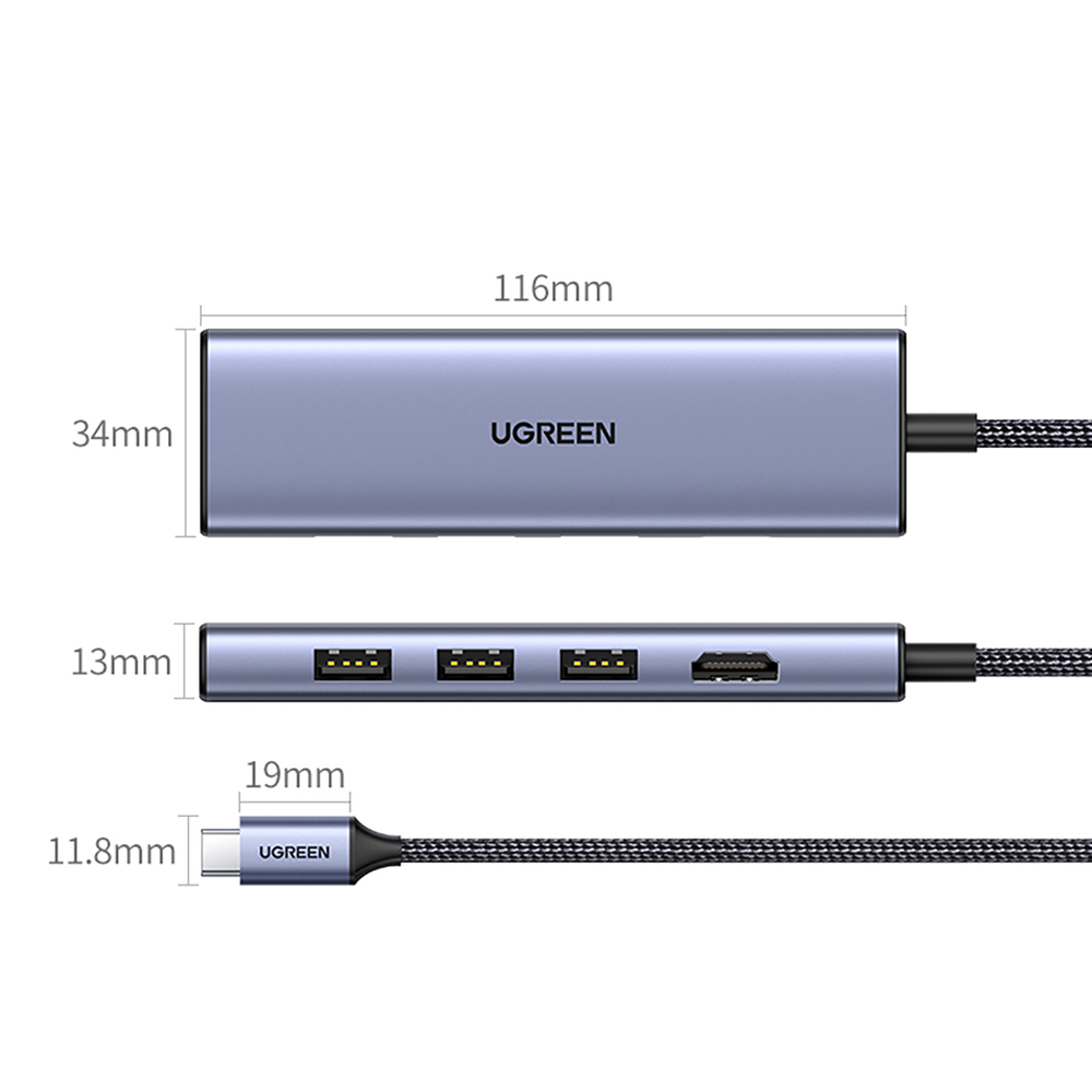 Ugreen CM511 6-in-1 USB-C šakotuvas (HDMI, 3x USB 3.0, SD/TF) - pilkas