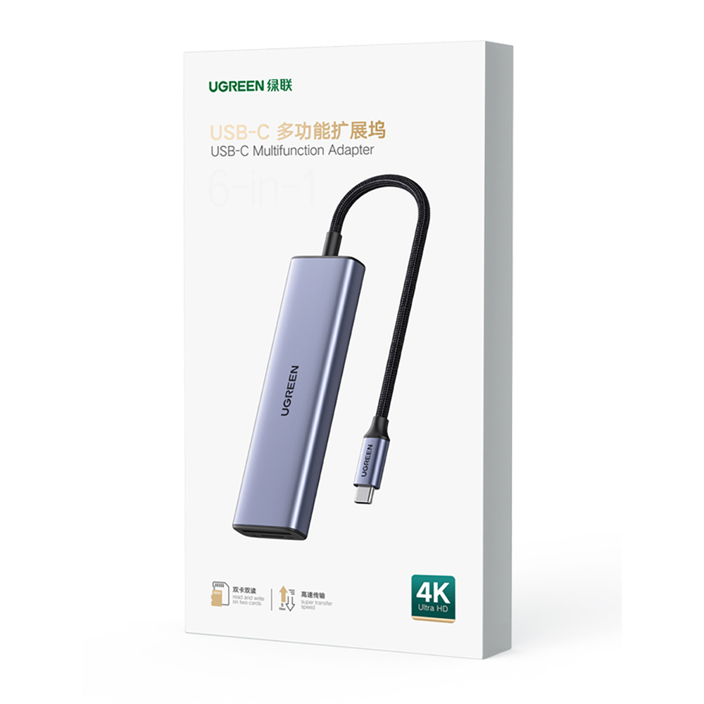 Ugreen CM511 6-in-1 USB-C šakotuvas (HDMI, 3x USB 3.0, SD/TF) - pilkas