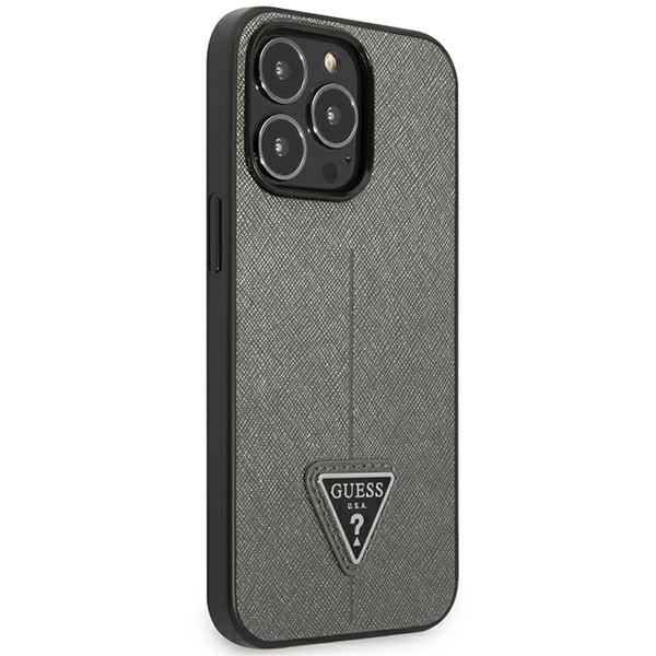 Guess Saffiano Triangle Logo dėklas iPhone 14 Pro Max, sidabrinis
