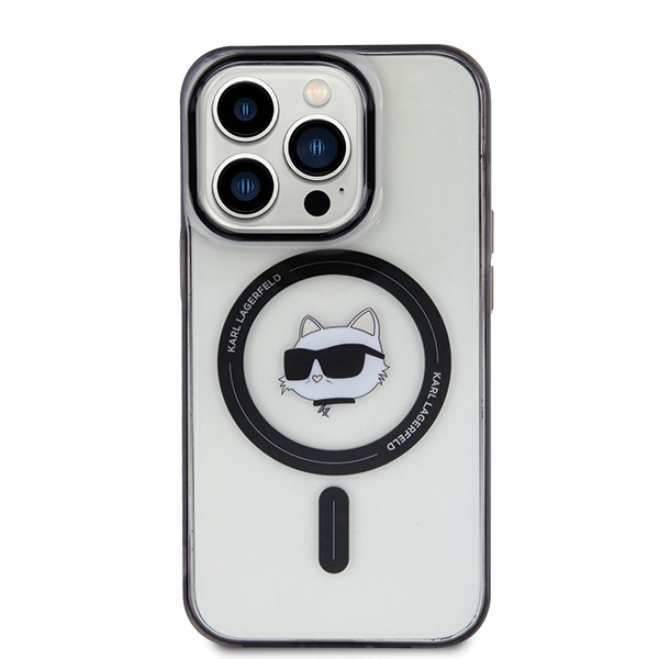 Karl Lagerfeld dėklas iPhone 15 Pro telefonui IML Choupette's Head MagSafe, skaidrus