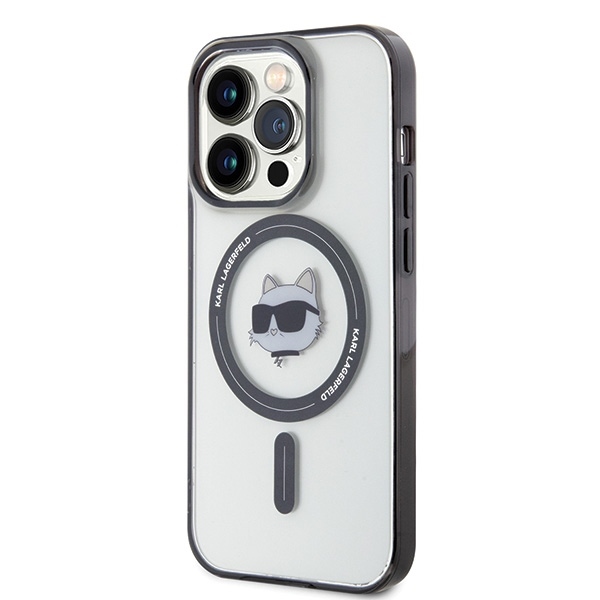 Karl Lagerfeld dėklas iPhone 15 Pro telefonui IML Choupette\'s Head MagSafe, skaidrus